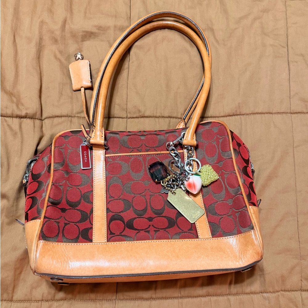 Coach Red Signature Satchel with Tan Leather Accents and Charm